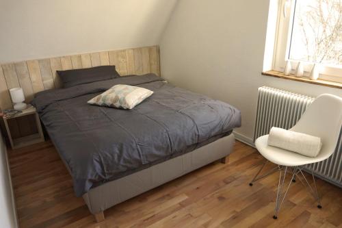 ein Schlafzimmer mit einem Bett, einem Stuhl und einem Fenster in der Unterkunft Apartments 11 in Forchheim
