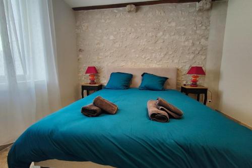 - un lit bleu avec 2 oreillers et des serviettes dans l'établissement La grange aux noix 20min du zoo près du plan d'eau, à Monthou-sur-Cher