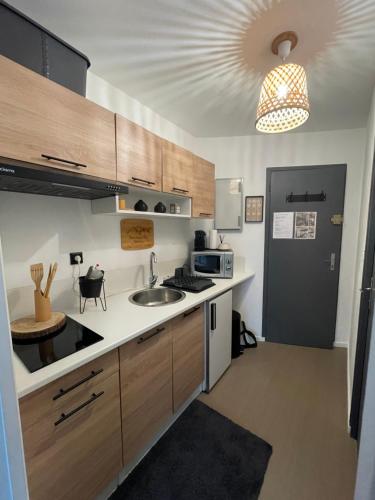 une petite cuisine avec un évier et un micro-ondes dans l'établissement Villard-de-lans studio au pied des pistes pour 4 pers, à Villard-de-Lans