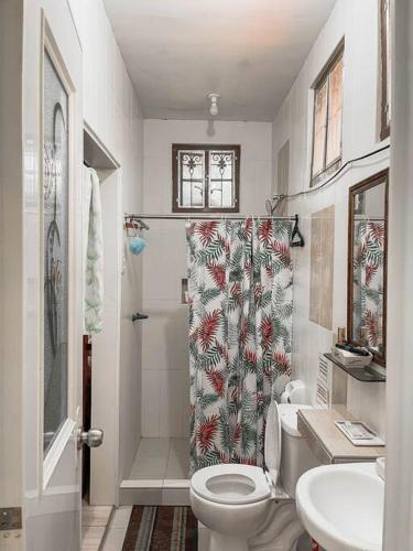 a bathroom with a toilet and a shower curtain at TwinkleVille Christmas-Themed Cottage in Kayagan
