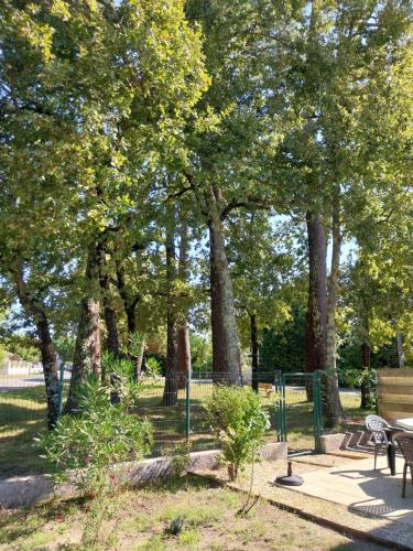 un parc avec des tables, des bancs et des arbres dans l'établissement Villa BIENVENUE, à Andernos-les-Bains