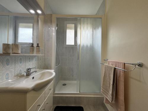 une salle de bain avec douche et lavabo dans l'établissement Le Bigarreaux - 6 pers - Wi-Fi - Rêve au Mans, au Mans