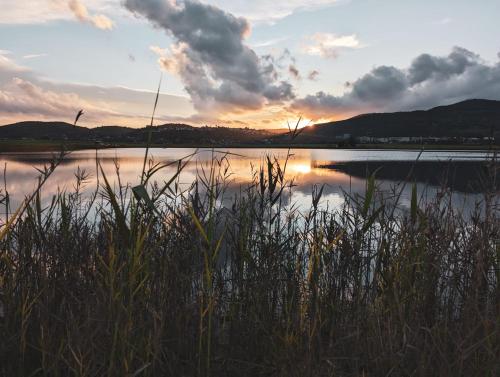a sunset over a body of water with grass at Between Valley & Mountain in Yoqne‘am