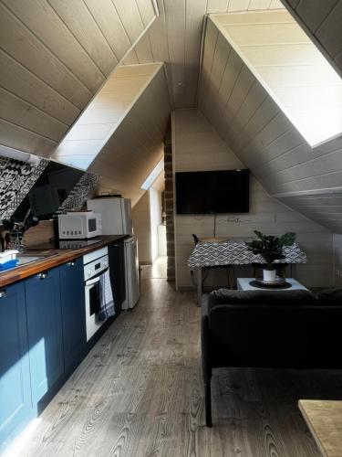 - une cuisine et un salon dans une petite maison dans l'établissement Magnifique F2 du bonheur, à Besançon