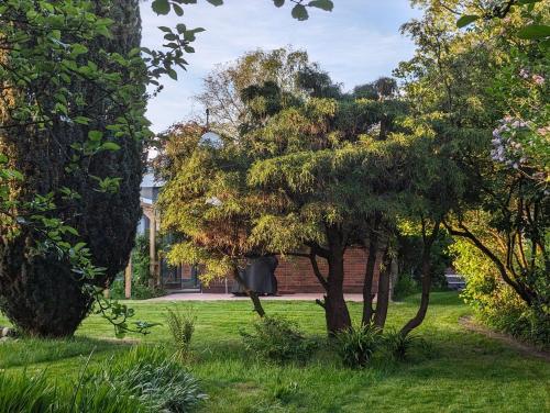 a park with trees and a building in the background at Haus Lavard in Leck