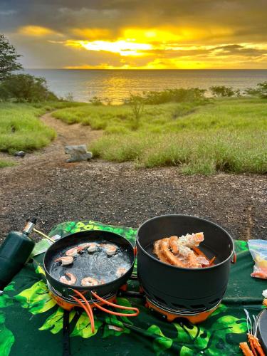 two pans of food are cooking on a picnic blanket at CampCar Maui Jeeps SUVs Hybrid Camper van Rentals with equipment and Travel Advice in Kahului
