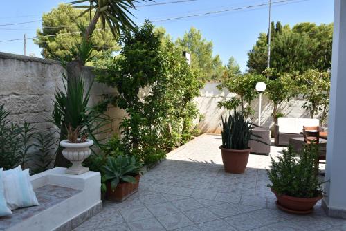 a courtyard with potted plants on a patio at Hotel Villa del Sole in Porto Cesareo