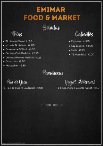 a menu for a food and market on a blackboard at Lodge France Amazonia in Puerto Misahuallí