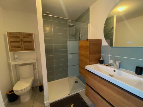 een badkamer met toilet, wastafel en douche bij Les Gîtes de Bellevue in Nueil-sous-les-Aubiers