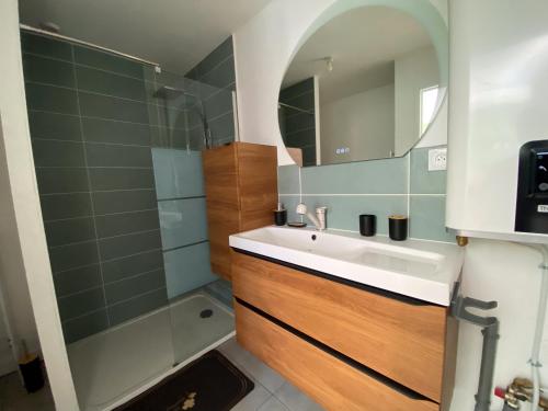 un bagno con lavandino e doccia di Les Gîtes de Bellevue a Nueil-sous-les-Aubiers