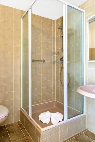 a bathroom with a shower and a sink at Berghüs Schratt - EINFACH ANDERS - Ihr vegetarisches und veganes Biohotel in Oberstaufen