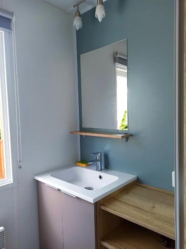 une salle de bain avec un lavabo et un miroir dans l'établissement Mobil home dans Camping 4 étoiles, à Pont-Aven
