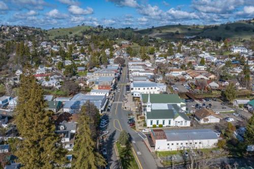 an aerial view of a small town with a street at Romantic Victorian Getaway The Blue Room in Sutter Creek