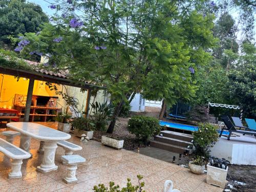 a patio with a table and a tree at mountain's house in Agadão