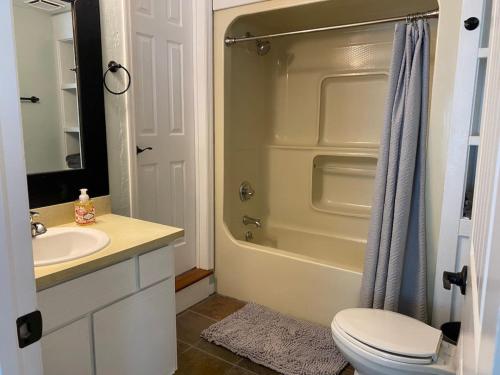a bathroom with a toilet and a sink and a shower at Relaxing 3 bed 2 bath home by the intracoastal in Daytona Beach
