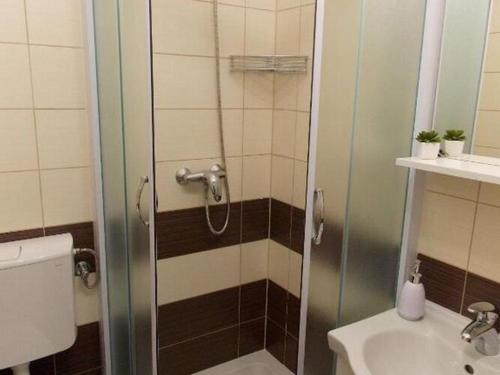 a bathroom with a shower and a toilet and a sink at Apartments Bandalo - Standard Studio Apartment in Podstrana