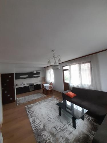 a living room with a black couch and a table at Levkov in Petrich