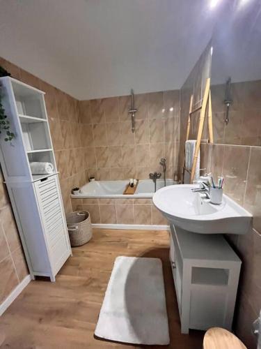 une salle de bain avec un lavabo et une baignoire dans l'établissement CASA NINA FURIANI CORSE Appartement en résidence, à Paterno