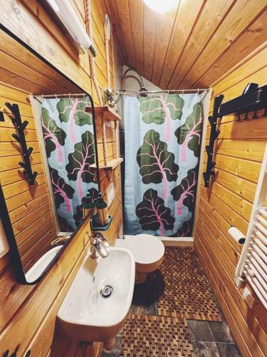 a small bathroom with a toilet and a sink at Polanka Beskid Niski cute cabin with spectacular views in Hańczowa