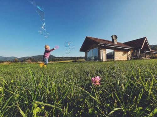 a young boy is flying a kite in a field at Polanka Beskid Niski cute cabin with spectacular views in Hańczowa