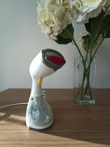 a white appliance sitting next to a vase of flowers at Casa Elefantino in Acilia