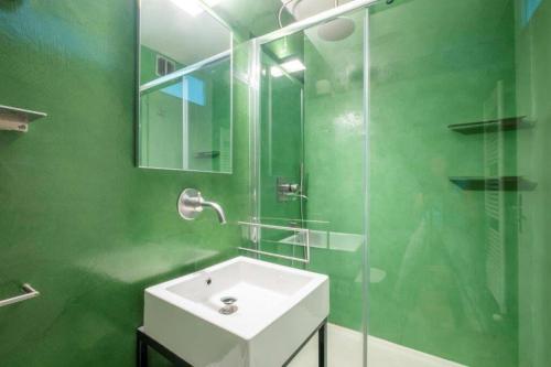 La salle de bains verte est pourvue d'un lavabo et d'une douche en verre. dans l'établissement Two bedroom apartment, Hypercenter, terrace Mont Blanc, parking, à Chamonix-Mont-Blanc