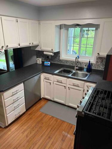a kitchen with white cabinets and a sink at Cute Home near U of M and EMU in Ypsilanti