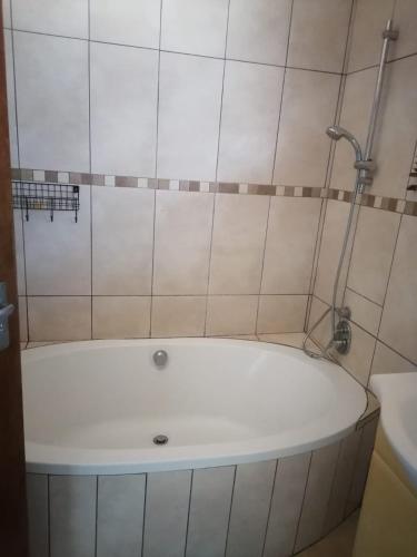a bath tub in a bathroom with a shower at Sol & Sombra Guesthouse in Komatipoort
