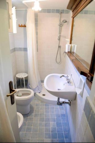 a bathroom with a sink and a toilet and a shower at Casa rio Lera in Amandola