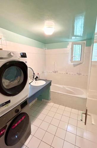 une salle de bain avec un lavabo et une machine à laver dans l'établissement Mané Roz, au Bono