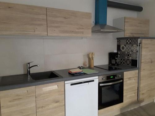 une cuisine avec un évier et une cuisinière dans l'établissement la Besotte 2 pièces 40 m2, à Esbly