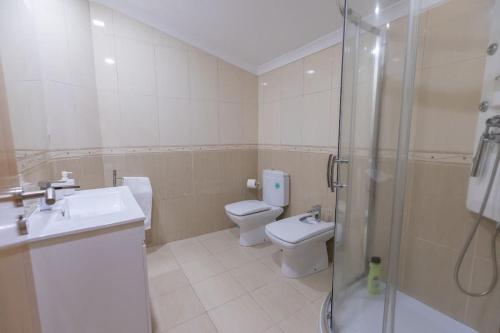 ein Badezimmer mit Toilette, Waschbecken und Dusche in der Unterkunft Casa da Vila in Ribeira de Pena