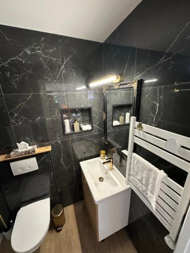 La salle de bains est pourvue d'un lavabo blanc et d'un mur noir. dans l'établissement Chambre proche de Disneyland Paris, à Coutevroult