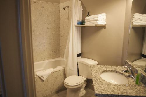 a bathroom with a toilet and a sink and a tub at Sunrise Resort Room #309 in Garden City