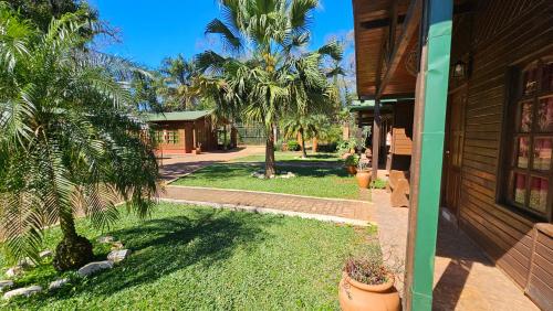a yard with palm trees and a house at Cabañas Rincon Santa Maria in Puerto Iguazú