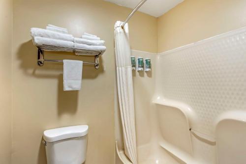 a bathroom with a shower and a toilet and towels at Best Western Monticello in Monticello