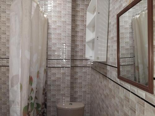 ein Badezimmer mit Toilette und Spiegel in der Unterkunft Casa alojamiento Ordoñez in Ilo