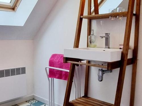 un bagno con lavandino e specchio di Gîte au calme avec jardin, Wifi et parking près de Lille - FR-1-510-222 a Fournes-en-Weppes