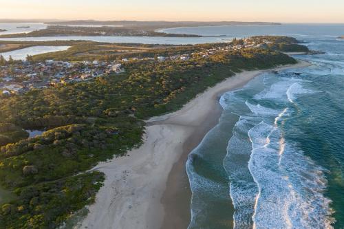an aerial view of the beach and ocean at Cheerful 4-bedroom family retreat in Caves Beach in Caves Beach