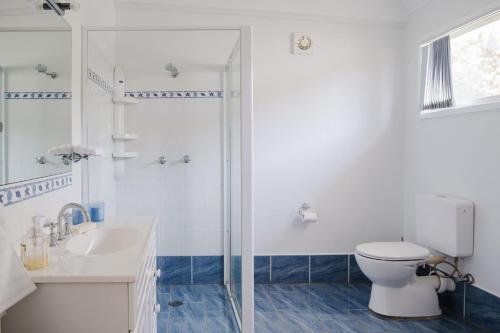 a bathroom with a shower and a toilet and a sink at Our Molly in Mollymook