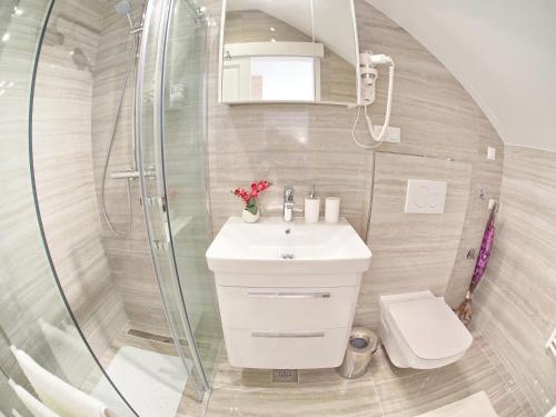 a bathroom with a shower and a sink and a toilet at Apartments Sweet Escape- Studio Apartment with Terrace and Sea View in Dubrovnik