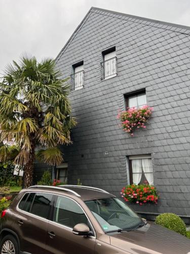 a car parked in front of a house with a palm tree at Gästehaus Elisabeth Bach in Mehring