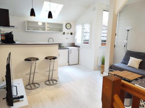 une cuisine et un salon avec un canapé et une table dans l'établissement L'Escapade - Hypercentre - Cœur Piéton à 50m, à Pau