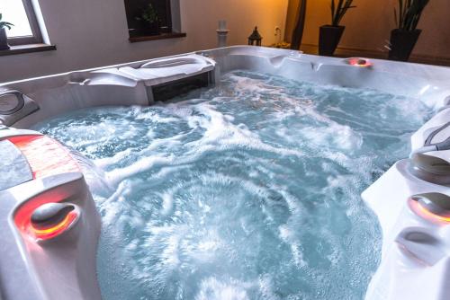 a jacuzzi tub filled with blue water in a bathroom at Dworek Nad Pilicą in Nowe Miasto nad Pilicą