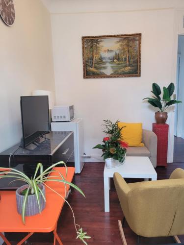 - un salon avec un canapé et une table ornée de plantes dans l'établissement 3Chambre calme première étage, à Montgeron