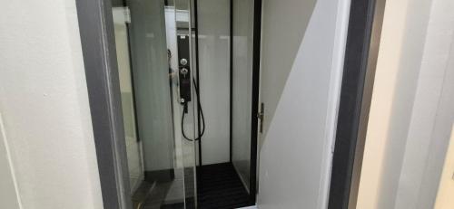 a glass shower door with a shower head in a bathroom at T3 spacieux lumineux jardin et proche du tram in Pont-de-la-Maye