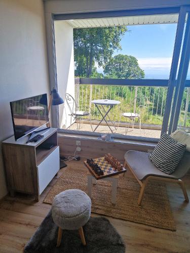 - un salon avec un échiquier en face d'une fenêtre dans l'établissement Studio au-dessus des nuages - Parking privé, à Turckheim