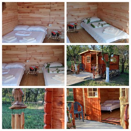 a collage of four pictures of a cabin at colina farm camping in Găgeni