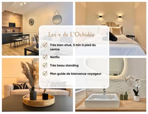 un ensemble de photos d'une chambre et d'une chambre avec un lit dans l'établissement L'Orchidée - Netflix - Wi-Fi - Proche Centre, à Troyes