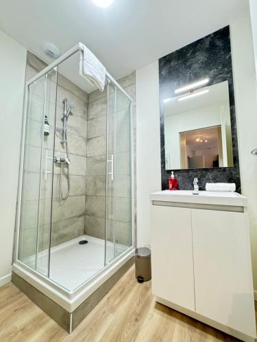 une salle de bain avec une douche, un lavabo et un miroir dans l'établissement Appartement Neuf pour 4 Personnes au Cœur de Riom N6, à Riom